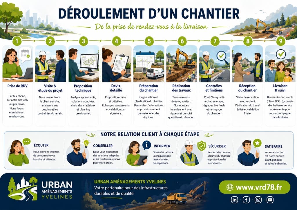 Déroulement d'un chantier Urban Aménagements : de la prise de rendez-vous à la livraison, et relation client à chaque étape