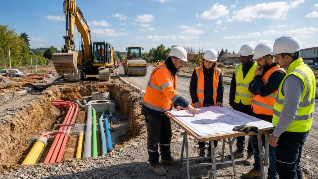 Équipe sur un chantier VRD : tranchée, réseaux colorés, engins et lecture de plans