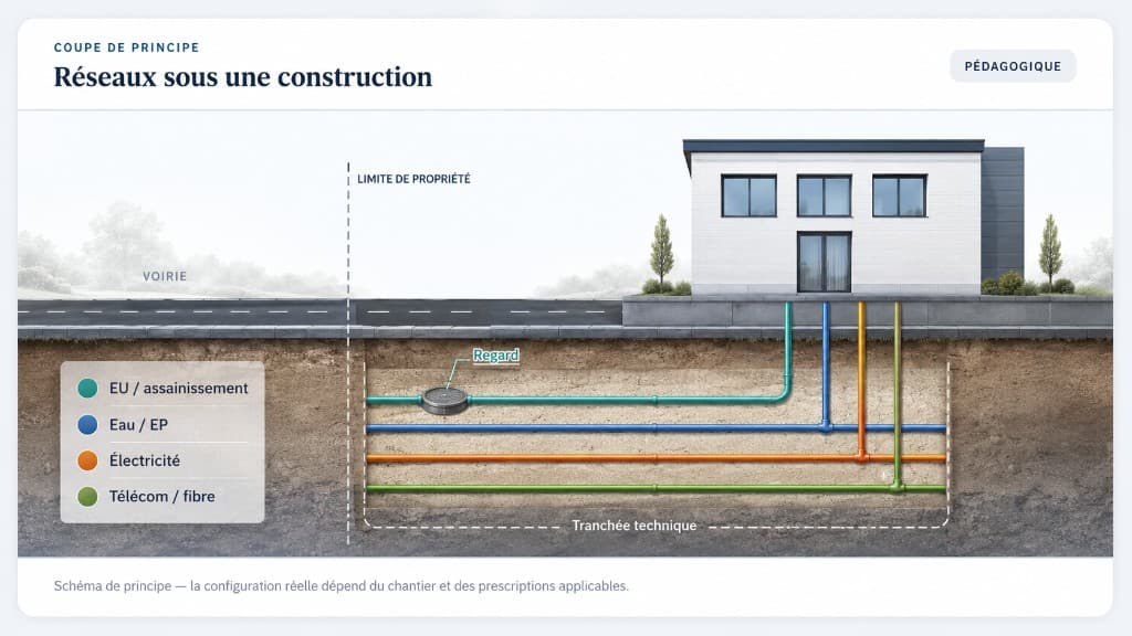 Schéma de principe : réseaux sous une construction — voirie, EU, eau, électricité, télécom