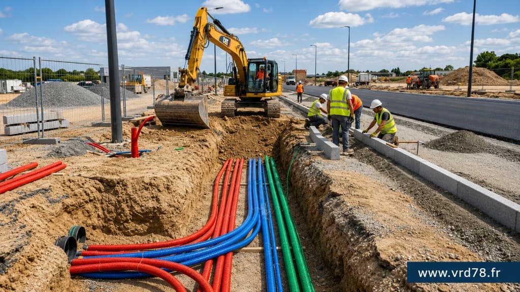 Chantier VRD : tranchée avec fourreaux, pelle mécanique, bordures et voirie